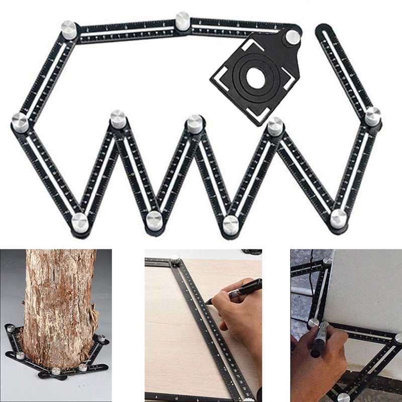 VINGAA Multi Angle Measuring Ruler,12-Sided Angle Measurement,Tile Holes Measure Ruler with 3-Holes Positioning Apertures,Upgrade Multi Angle Ruler/Metal/Black - Image 1